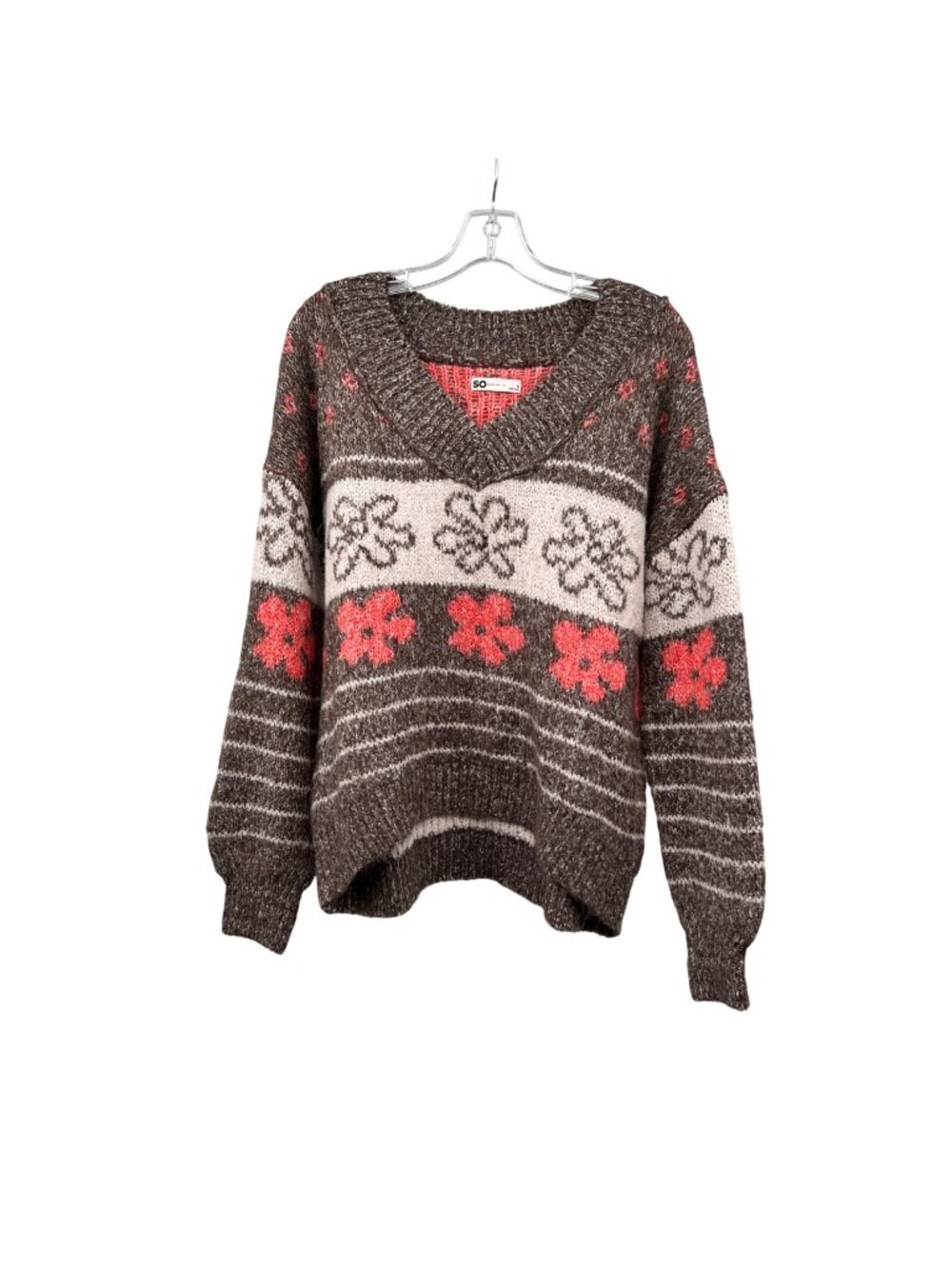 Sonoma Womens Oversized Knit Sweater V-Neck Floral Coral/Multi Size Small